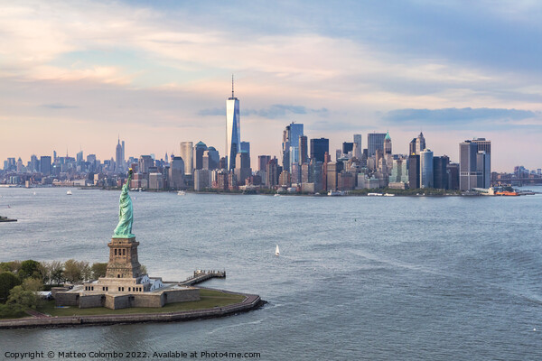Aerial of the Statue of Liberty and Manhattan skyline, New York, Picture Board by Matteo Colombo