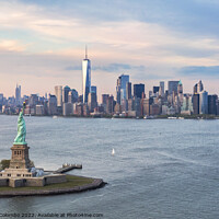 Buy canvas prints of Aerial of the Statue of Liberty and Manhattan skyline, New York, by Matteo Colombo