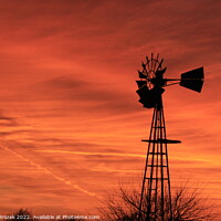 Buy canvas prints of Kansas Sunset with red sky and a Windmill silhouet by Robert Brozek