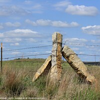 Buy canvas prints of Stone Post corner fence with a field and blue sky by Robert Brozek