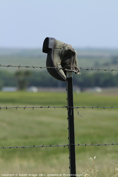 Cowboy boot on a fence with grass Picture Board by Robert Brozek