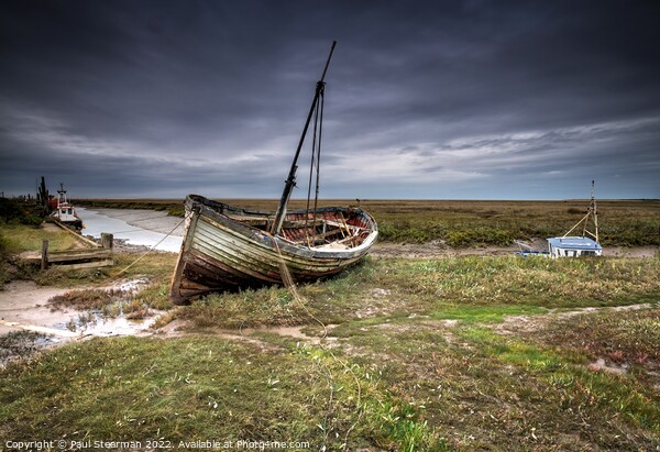 Seascape at Thornham Norfolk UK showing Harbour and Old Fishing Boat Picture Board by Paul Stearman