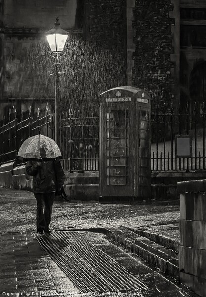 Rain downpour at Norwich market with umbrella man Picture Board by Paul Stearman