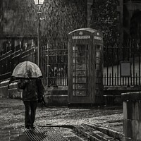 Buy canvas prints of Rain downpour at Norwich market with umbrella man by Paul Stearman