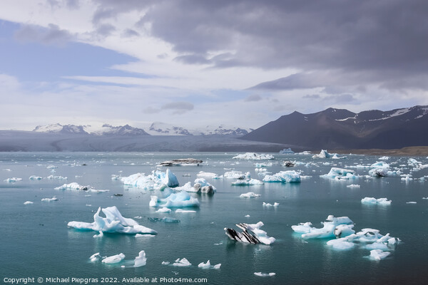 Iceland, Jokulsarlon Lagoon, Turquoise icebergs floating in Glac Picture Board by Michael Piepgras