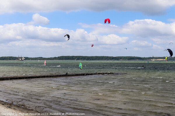 Lots of kite surfing activity at the Baltic Sea beach of Laboe i Picture Board by Michael Piepgras
