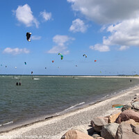 Buy canvas prints of Lots of kite surfing activity at the Baltic Sea beach of Laboe i by Michael Piepgras