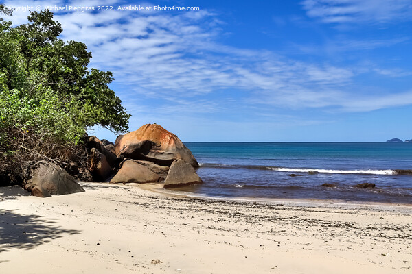 Sunny day beach view on the paradise islands Seychelles. Picture Board by Michael Piepgras