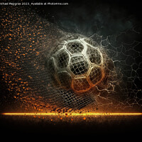 Buy canvas prints of A football made of fire flies towards a football goal created wi by Michael Piepgras