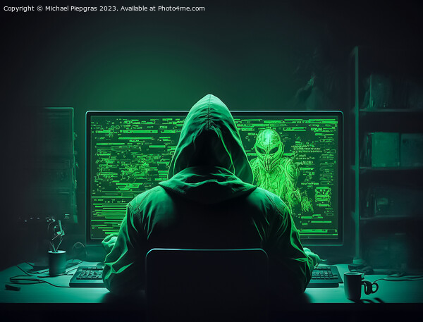 A hacker looking at a computer with green symbols created with G Picture Board by Michael Piepgras