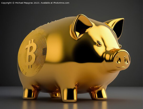 A piggy bank made of gold with some cryptocurrency logo created  Picture Board by Michael Piepgras