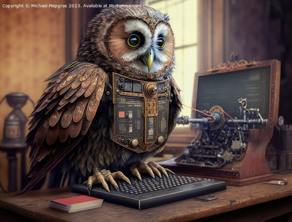 A steampunk owl works very diligently with a computer at a desk  Picture Board by Michael Piepgras