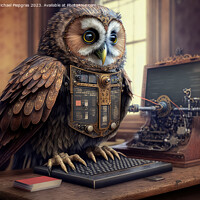 Buy canvas prints of A steampunk owl works very diligently with a computer at a desk  by Michael Piepgras