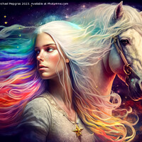 Buy canvas prints of A young beautiful woman with long white hair next to a white hor by Michael Piepgras