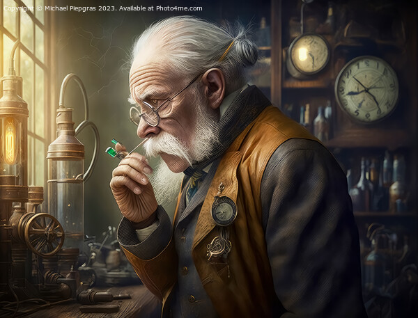 An elderly scientist in a steampunk look in an old lab created w Picture Board by Michael Piepgras
