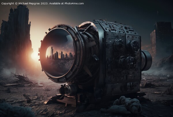 Reflection of an apocalyptic city on the lens of a camera create Picture Board by Michael Piepgras