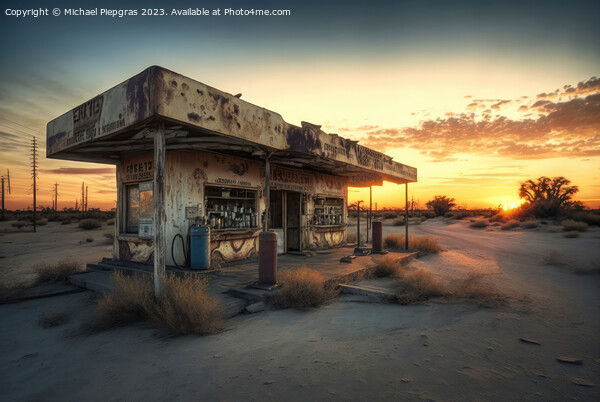 An old abandoned petrol station on a road in the desert created  Picture Board by Michael Piepgras