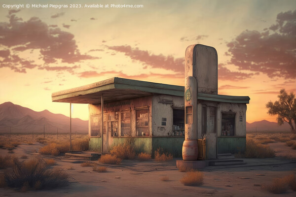 An old abandoned petrol station on a road in the desert created  Picture Board by Michael Piepgras