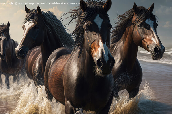 Wild horses galloping through the water on the beach, close-up,  Picture Board by Michael Piepgras