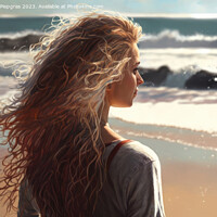 Buy canvas prints of A young woman looks alone at the waves on a beach created with g by Michael Piepgras
