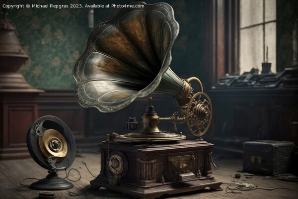 An old vintage gramophone in steampunk style stands in an almost Picture Board by Michael Piepgras