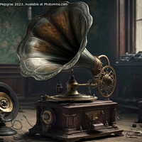 Buy canvas prints of An old vintage gramophone in steampunk style stands in an almost by Michael Piepgras