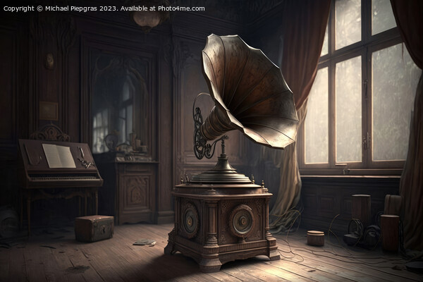 An old vintage gramophone in steampunk style stands in an almost Picture Board by Michael Piepgras