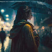 Buy canvas prints of A young woman with an umbrella walks in a modern city at night a by Michael Piepgras