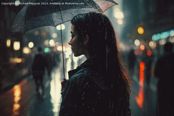 A young woman with an umbrella walks in a modern city at night a Picture Board by Michael Piepgras