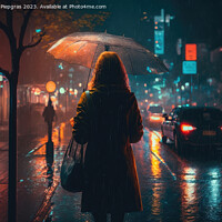 Buy canvas prints of A young woman with an umbrella walks in a modern city at night a by Michael Piepgras