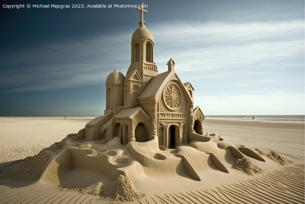 A sandcastle in the shape of a church on a beach created with ge Picture Board by Michael Piepgras