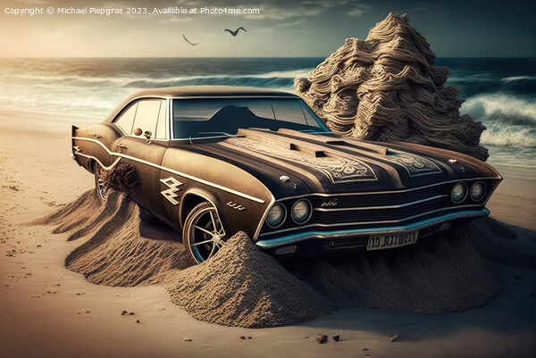 A fast muscle car churns up sand in a desert created with genera Picture Board by Michael Piepgras