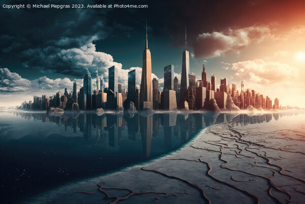 Climate change in front of athe skyline of a futuristic city cre Picture Board by Michael Piepgras