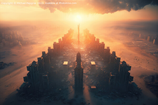 Metropolis after the apocalypse from a birds eye view sunset cre Picture Board by Michael Piepgras