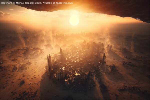 Metropolis after the apocalypse from a birds eye view sunset cre Picture Board by Michael Piepgras