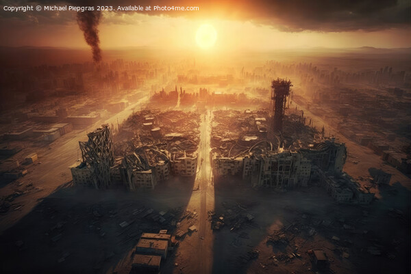 Metropolis after the apocalypse from a birds eye view sunset created with generative AI technology Picture Board by Michael Piepgras