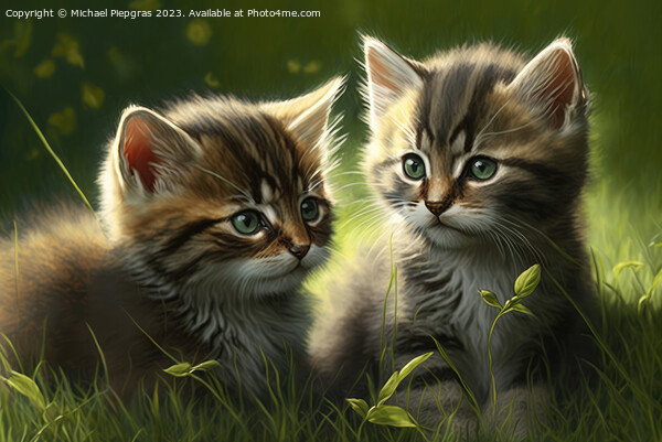Two very cute kittens playing in the green grass in the sunshine Picture Board by Michael Piepgras