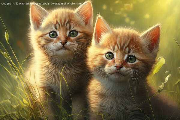 Two very cute kittens playing in the green grass in the sunshine Picture Board by Michael Piepgras