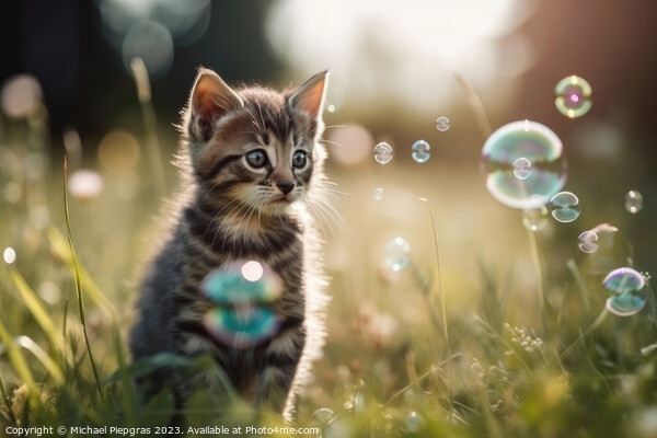 A cute kitten plays with soap bubbles in the flat grass created  Picture Board by Michael Piepgras
