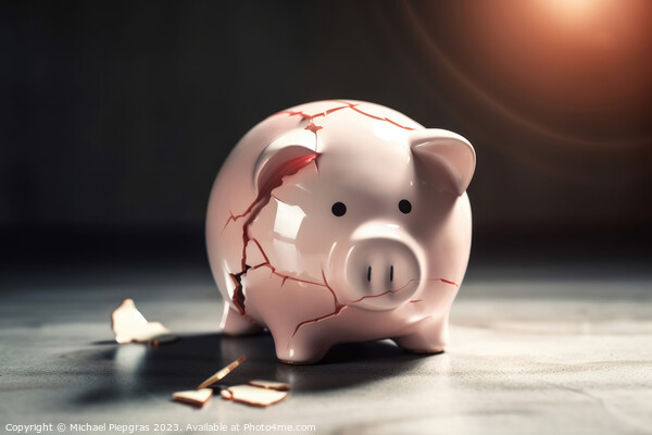 A sad piggy bank with cracks and a plaster indicates insolvency  Picture Board by Michael Piepgras