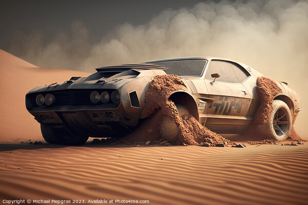 A fast muscle car churns up sand in a desert created with genera Picture Board by Michael Piepgras