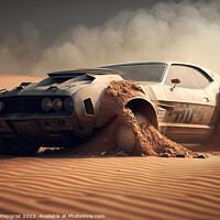 Buy canvas prints of A fast muscle car churns up sand in a desert created with genera by Michael Piepgras