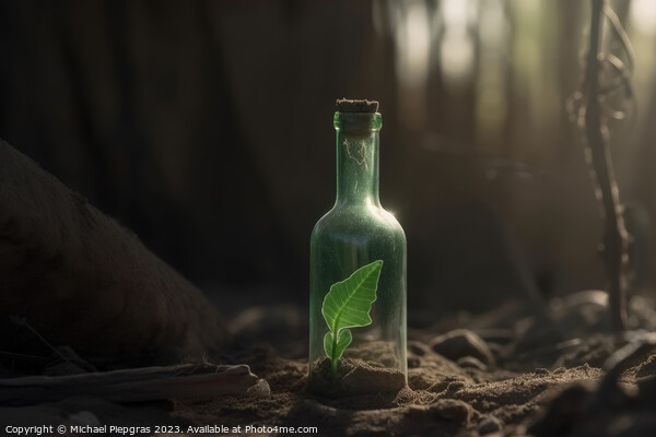 A single green seedling in a glass bottle on an apocalyptic dry  Picture Board by Michael Piepgras