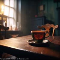 Buy canvas prints of A steaming cup of tea on a table in a cosy old room created with by Michael Piepgras