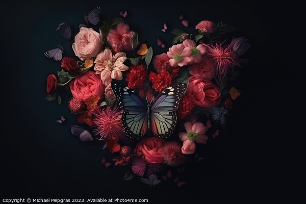 A Valentines Day Heart of Flowers and Butterflies on a Dark Back Picture Board by Michael Piepgras