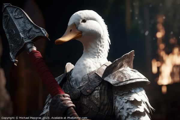 A white duck as a barbarian with a big axe and shining armour cr Picture Board by Michael Piepgras