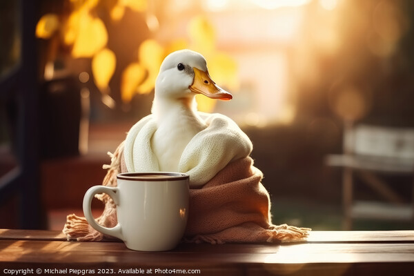 A white duck wearing a scarf and having a coffee created with ge Picture Board by Michael Piepgras