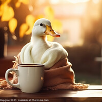 Buy canvas prints of A white duck wearing a scarf and having a coffee created with ge by Michael Piepgras