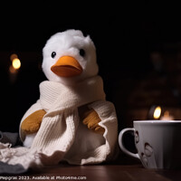 Buy canvas prints of A white duck wearing a scarf and having a coffee created with ge by Michael Piepgras