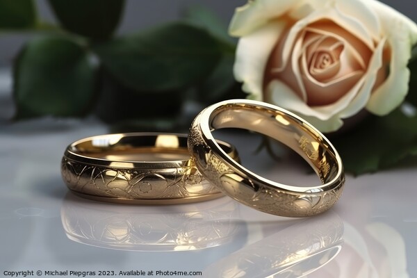 Two wedding rings made of gold on a light surface with some rose Picture Board by Michael Piepgras